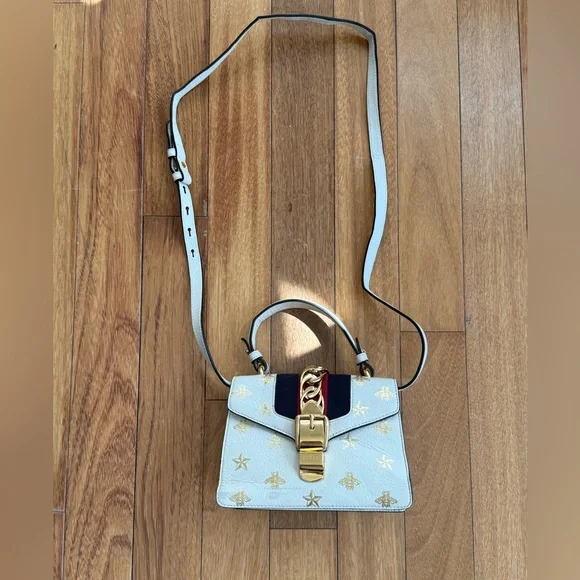 Gucci Sylvie Bee Star Leather Shoulder Bag White Web Stripe Small Project piece - Picture 2 of 16